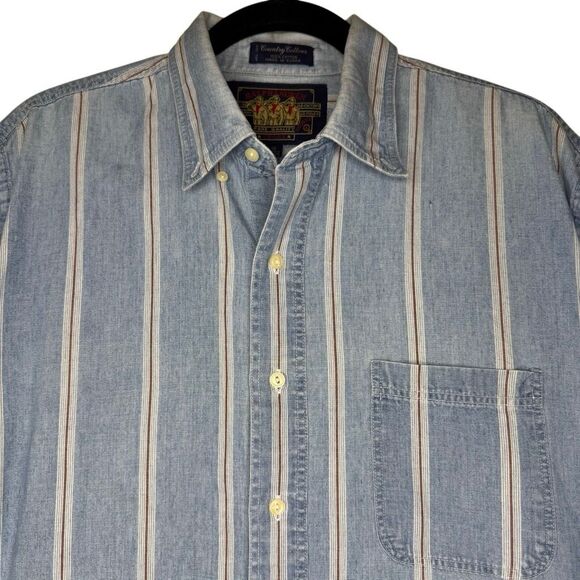 Vtg Ralph Lauren Chaps Lt Denim Blue & Red Striped Button Up Shirt SzXL Slouchy - Picture 2 of 14